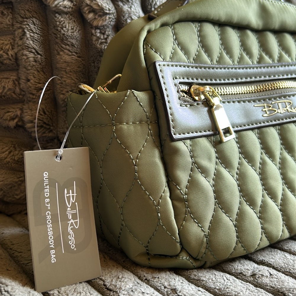 Bella Russo NWT Quilted 8.7” Crossbody Clutch Bag Olive Green Purse - Picture 4 of 7